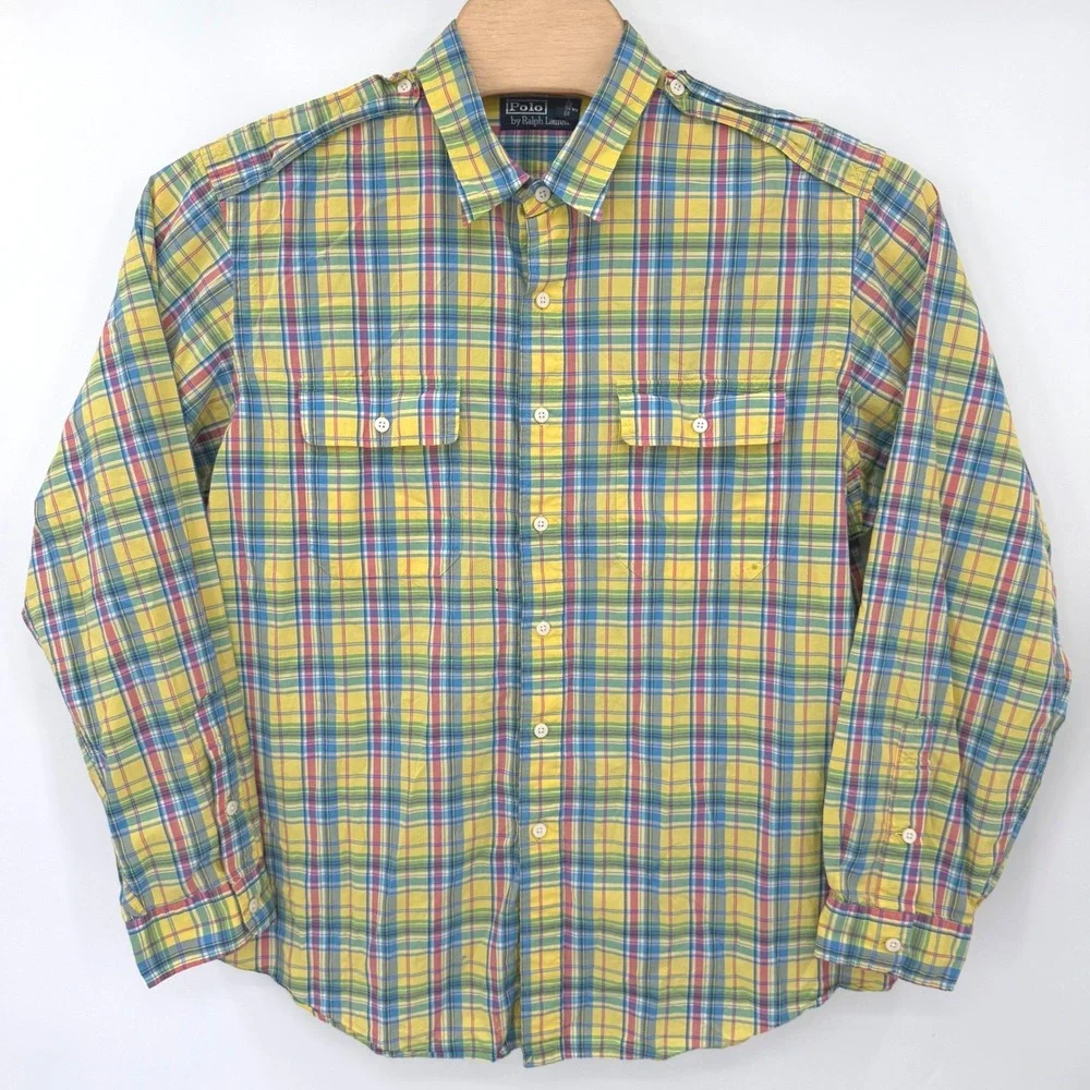 Polo Ralph Lauren Shirt Mens XXL Yellow Multi Plaid Madras Safari Button Up FLAW